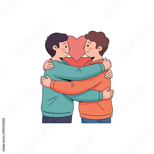Two men embracing each other with a heart shape behind them, symbolizing love and connection.