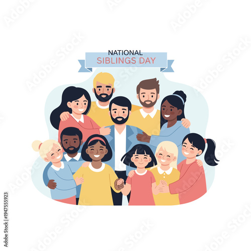 A diverse group of happy siblings and family members celebrating National Siblings Day together.