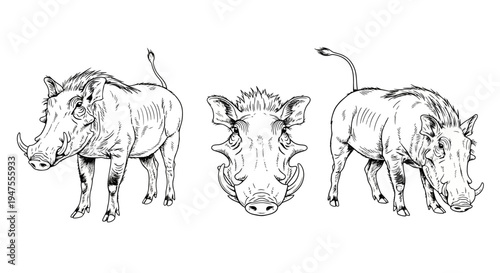 Detailed Ink Drawings of Wild Warthogs in Different Poses