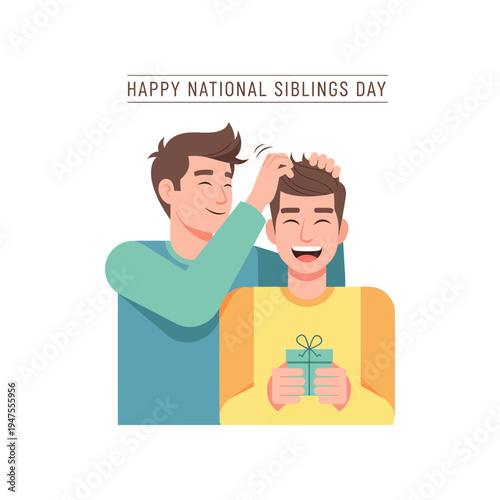 Two smiling brothers celebrating National Siblings Day with a gift and playful gesture.