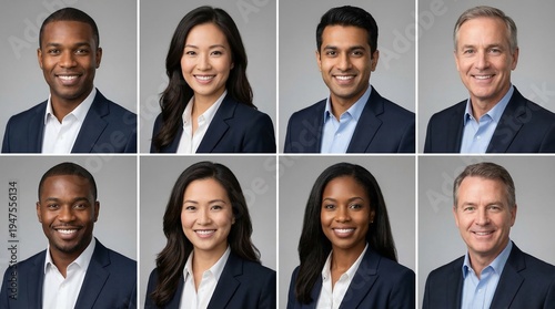 Grid of diverse corporate business professionals. Collage of smiling men and women team headshots on grey background.
