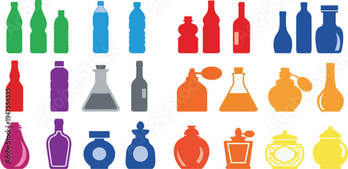 Perfume Bottle Silhouette Icon Set with Cosmetic Fragrance Containers, Glass Bottles, Spray Bottles and Luxury Scent Packaging Vector Collection