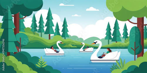 People Riding Swan Pedal Boats on Scenic Lake Surrounded by Forest Trees Peaceful Nature Landscape Illustration for Travel, Recreation, and Summer Vacation Design