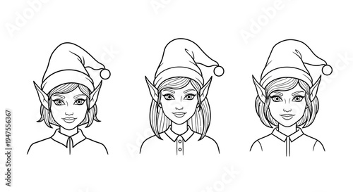 Line Art Portraits of Christmas Elves