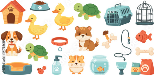 Pet Care Cartoon Vector Set with Dog, Cat, Turtle, Duck, Fish and Accessories Including Food Bowl, Carrier, Collar and Grooming Supplies
