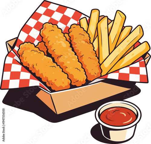 Crispy Chicken Strips and French Fries in Cardboard Box with Dipping Sauce — Cartoon Vector Fast Food Illustration for Restaurant Menu, Food Delivery, and Packaging Design