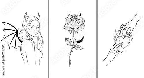 Set of Mystical Black and White Drawings on White Background
