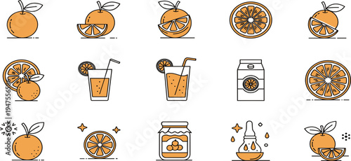 Orange Fruit and Juice Line Icon Set with Fresh Orange, Slices, Juice Glass, Honey Jar, and Citrus Drink Vector Illustration Collection