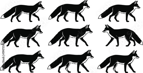 Fox Silhouette Icon Set, Wild Woodland Animal Walking and Standing Poses Collection, Black Fox Wildlife Vector Illustration for Nature and Fauna Design