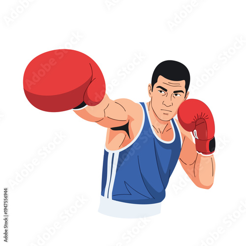 Muscular boxer in blue tank top and red gloves throws a punch