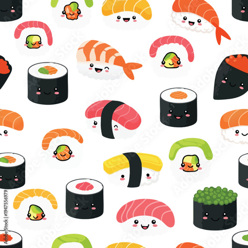 Adorable kawaii sushi characters smiling in a playful, seamless pattern