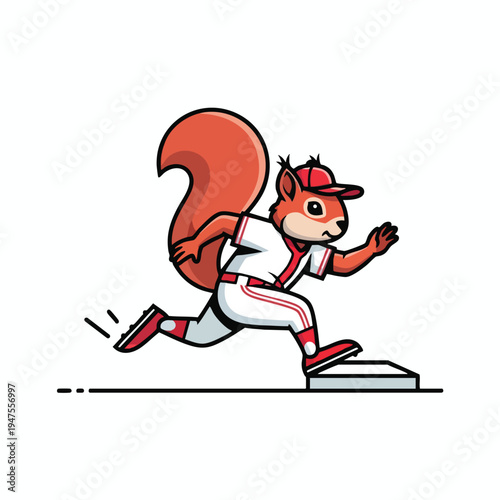 Cartoon squirrel in baseball uniform running with a large bushy tail