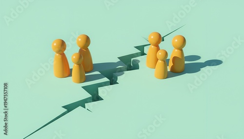 Yellow pawn-like figures are separated into groups by a jagged crack running across a light green surface.