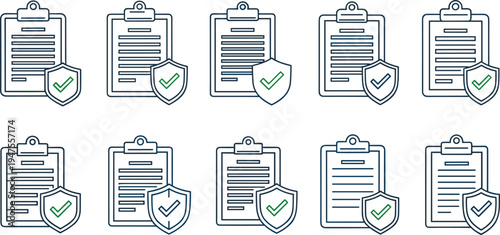 Clipboard Document Verification Icon Set, Checklist Approval and Secure Form Validation Symbols with Shield Check Mark, Business Compliance Outline Vector Collection