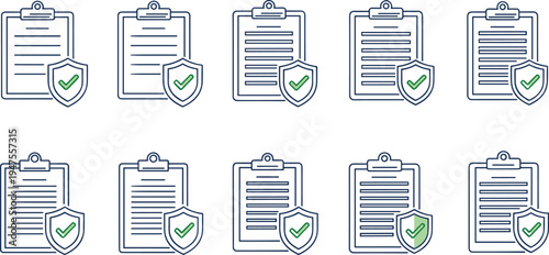 Checklist Document Verification Icon Set, Clipboard with Shield Check Mark Symbols, Approved Report and Secure Form Validation Line Vector Collection