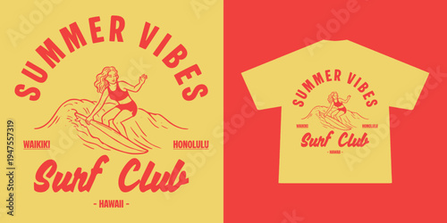 Hand-drawn Retro illustration of summer club, surfing Graphic Design for T shirt streetwear and urban style