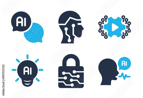 AI Communication, Cybersecurity, and Innovation icon set. Solid glyph series icons