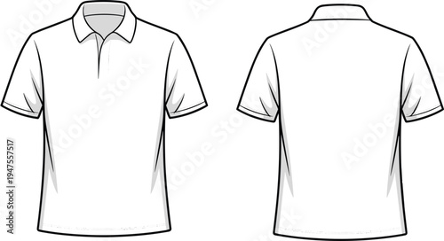 Blank White Polo Shirt Technical Sketch Set, Front and Back View CAD Drawing Flat Vector Illustration for Apparel Fashion Design