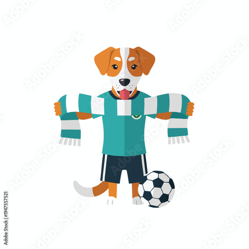 Anthropomorphic dog character in sports attire with a soccer ball and scarf