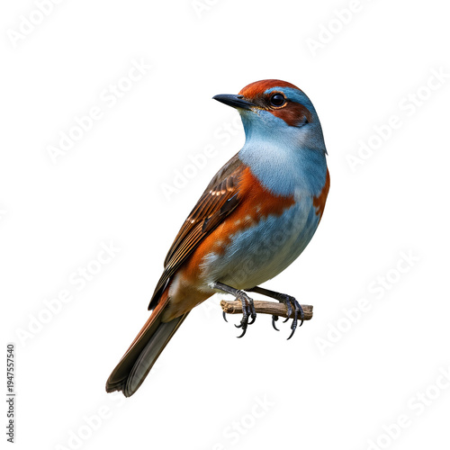 A small bird with brown and blue feathers perched on a branch.