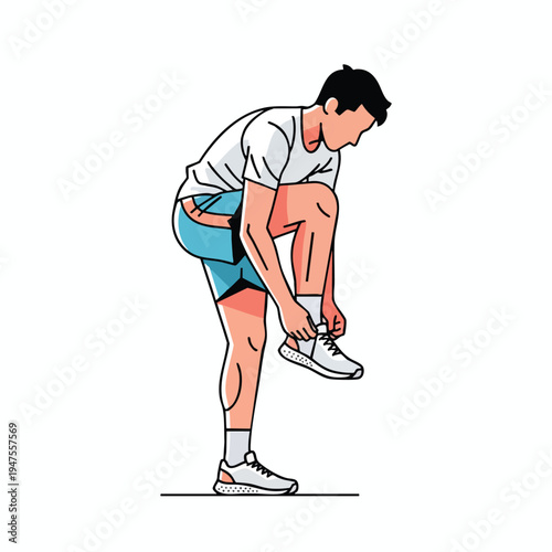 Animated male tying shoelaces on athletic shoes, ready for action