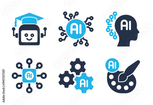 AI Applications in Education, Industry, and Art icon set. Solid glyph series icons