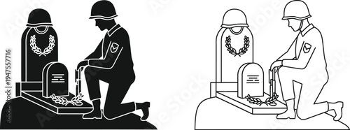 Military soldier kneeling prayer cemetery Vector