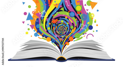 A wide-open book with a dark blue cover and stark white pages displays a swirling, multicolored vortex of geometric forms erupting from its central crease on a solid white surface.