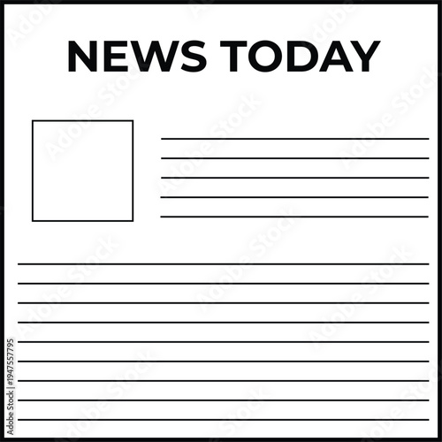 Minimalist black and white vector illustration of a newspaper page with 'NEWS TODAY' headline and placeholder text and image for media and communication concepts
