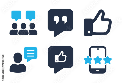 Social Interaction and Customer Testimonials icon set. Solid glyph series icons