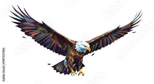 A majestic bald eagle is captured mid-flight, descending with outstretched wings, rendered entirely from a multitude of low-poly, multicolored geometric facets against a stark white background.