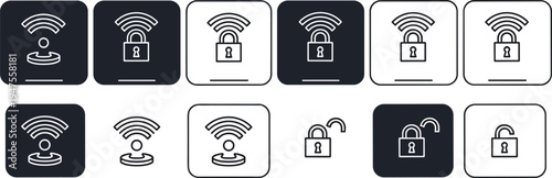 WiFi Security and Wireless Network Protection Icon Set, Internet Signal Lock Symbols Collection, Secure Connection and Data Privacy Vector Illustration Pack