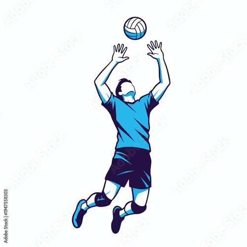 Male volleyball player in mid-air, reaching up to hit the ball