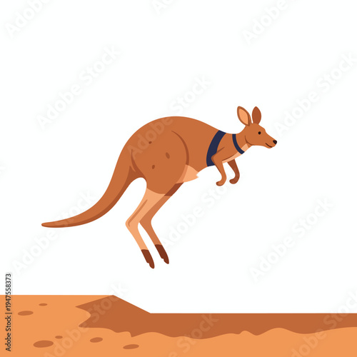 Orange kangaroo mid-leap with dark blue harness over dusty ground