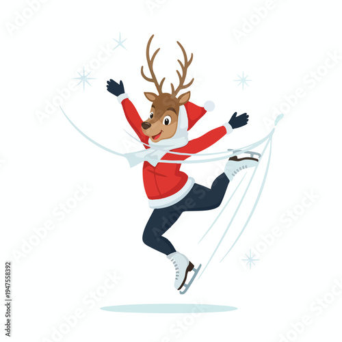 Cartoon reindeer figure skating in a red outfit, white scarf, and Santa hat
