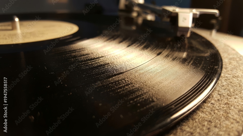 Obraz premium Vinyl Record Spinning On Turntable With Stylus In Warm Light For Retro Analog Music Playback
