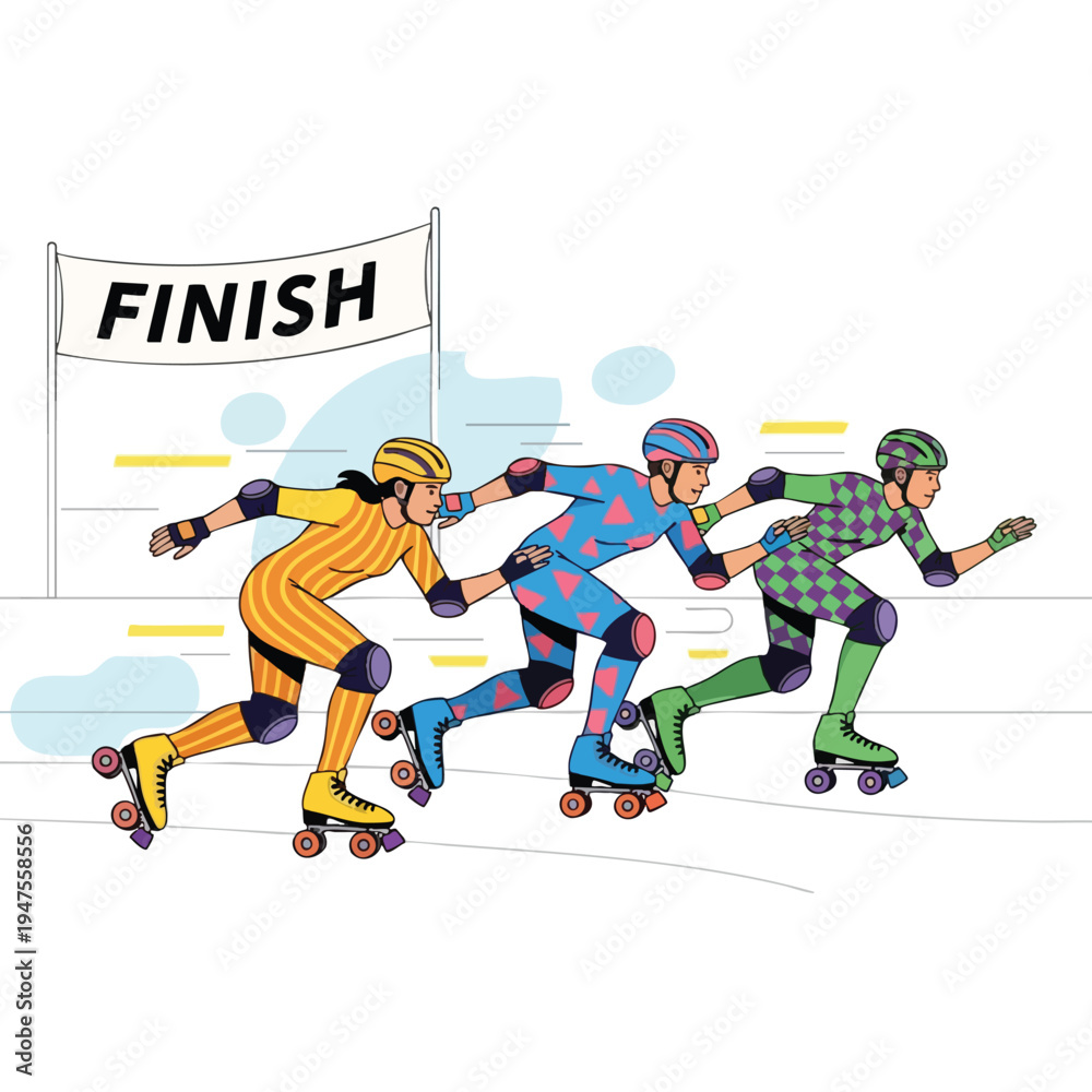 Fototapeta premium Three diverse athletes in colorful racing suits speed on roller skates towards the finish line