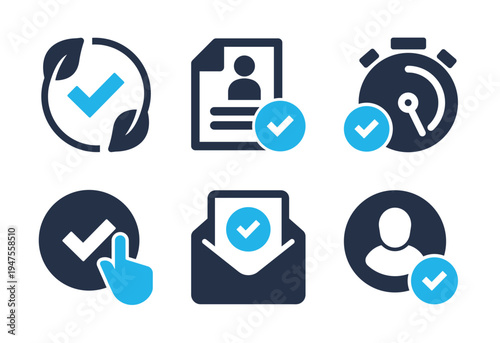 Profile Validation, Timeliness, and Environmental Sustainability icon set. Solid glyph series icons