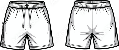 Drawstring Sweat Shorts Technical Flat Sketch Vector Template with Elastic Waistband and Side Pockets for Fashion Design CAD Tech Pack