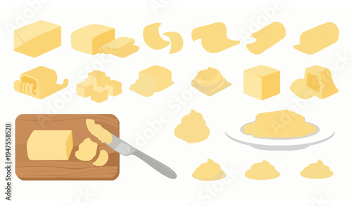 Butter margarine and creamy spreads vector set with butter pieces on cutting board and plate isolated on white