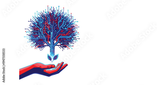 A stylized hand with red and blue shading cradles a digital tree formed from intricate circuit board patterns.