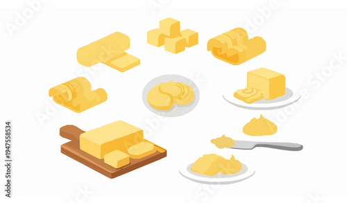 Butter and margarine spreads collection with butter cubes slices and curls on plate and cutting board vector