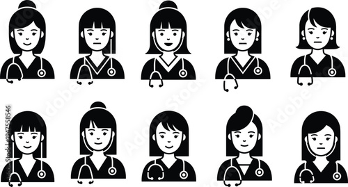 Female Doctor and Nurse Avatar Icon Set, Women Medical Professionals with Stethoscope, Healthcare Worker Profile Silhouette Collection, Black Solid Vector Illustration Pack