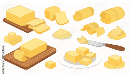 Big butter and margarine pieces vector set with dairy spreads on cutting board and plate isolated on white