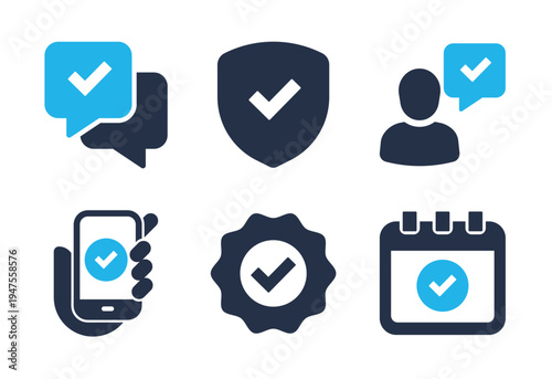 Security Verification and Schedule Confirmation icon set. Solid glyph series icons
