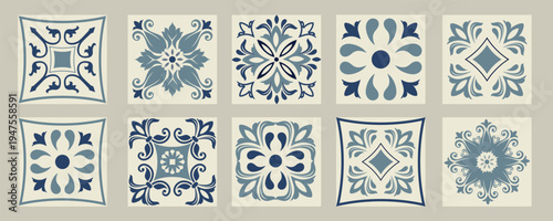Set of 10 tiles azulejios. Mediterranean tile, colorful seamless patterns. Spanish, Sicilian, Portuguese, Italian traditional ornaments. Set of floral mosaic designs with ethnic motifs. vector