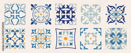 Set of 10 tiles azulejios. Mediterranean tile, colorful seamless patterns. Spanish, Sicilian, Portuguese, Italian traditional ornaments. Set of floral mosaic designs with ethnic motifs. vector