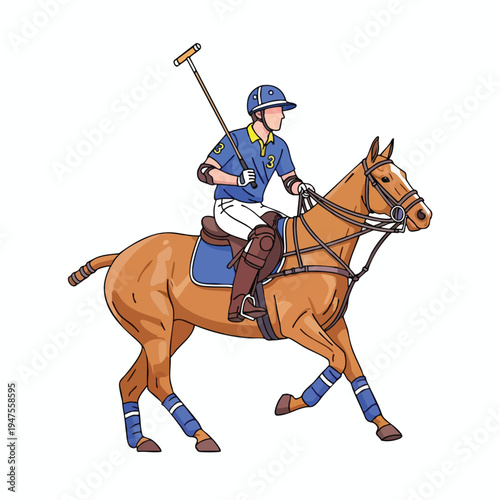 Polo player in blue uniform on horseback with mallet raised