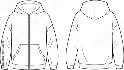 Full Zip Hoodie Technical Flat Sketch Vector Template with Kangaroo Pockets and Drop Shoulder for Fashion Design CAD Tech Pack Mockup