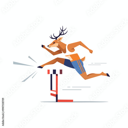 Anthropomorphic deer in athletic shorts and tank top hurdles obstacle